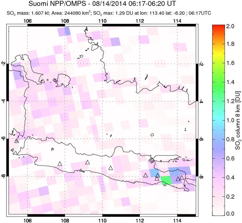 A sulfur dioxide image over Java, Indonesia on Aug 14, 2014.