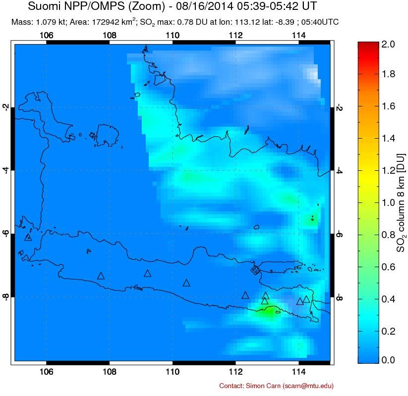 A sulfur dioxide image over Java, Indonesia on Aug 16, 2014.