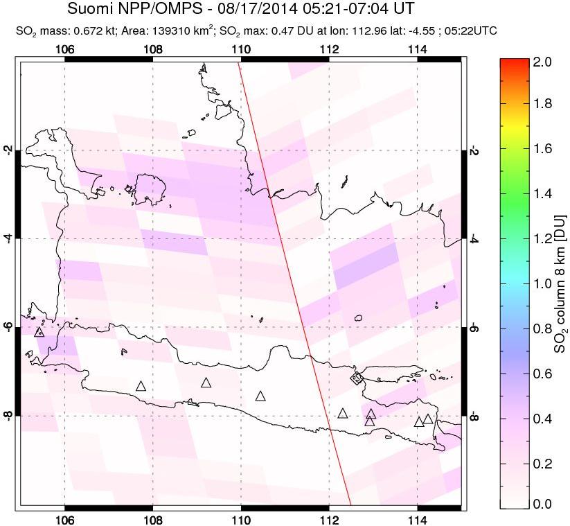 A sulfur dioxide image over Java, Indonesia on Aug 17, 2014.