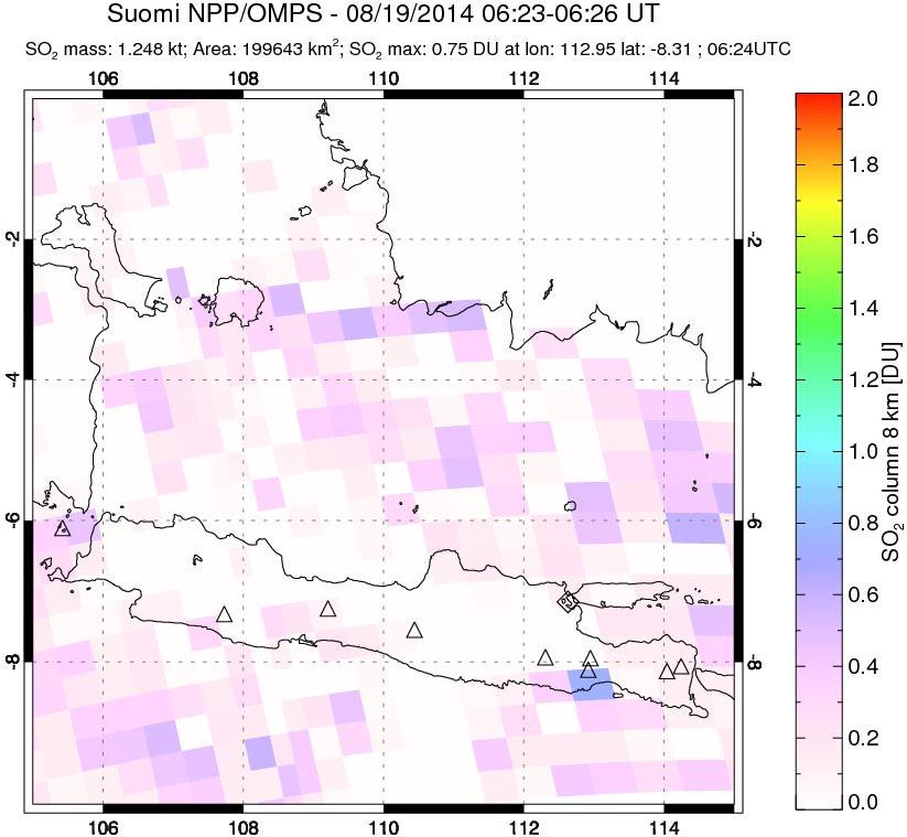 A sulfur dioxide image over Java, Indonesia on Aug 19, 2014.