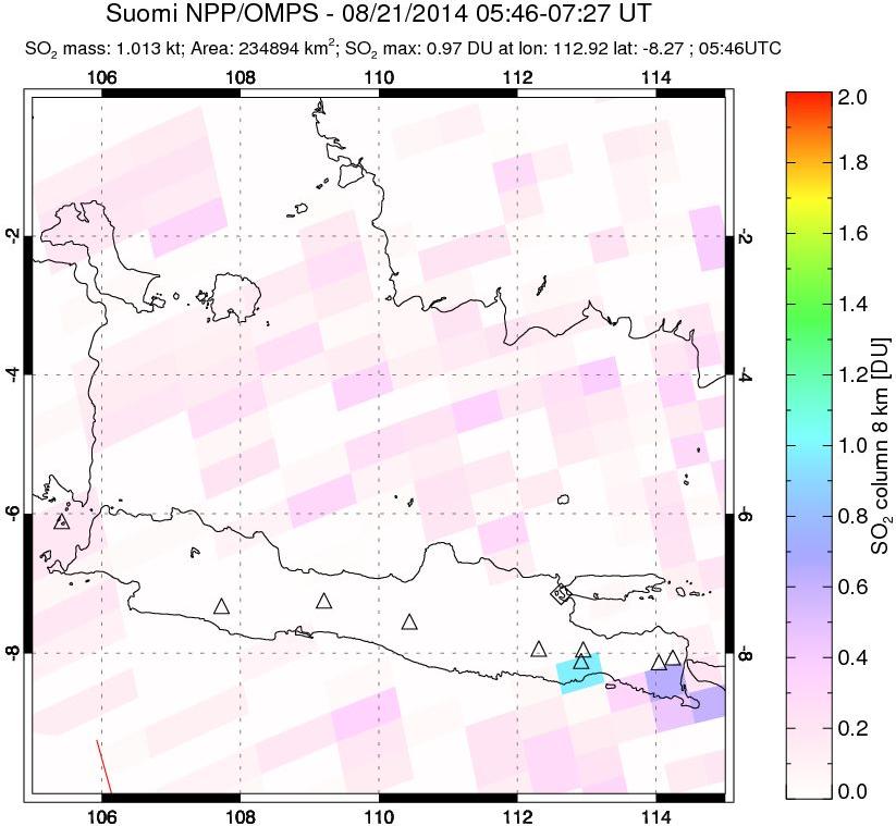 A sulfur dioxide image over Java, Indonesia on Aug 21, 2014.