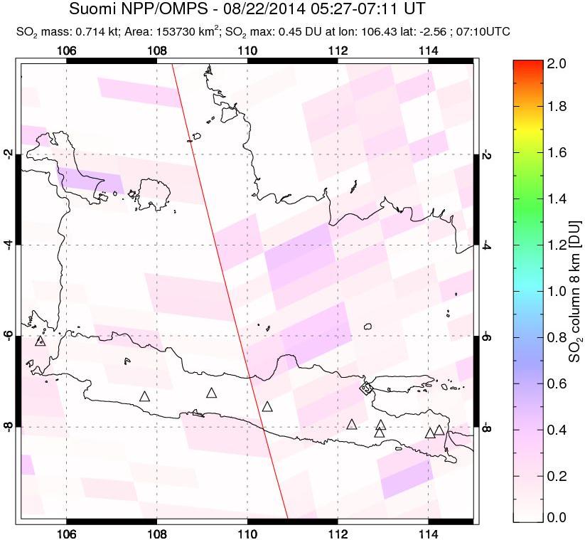 A sulfur dioxide image over Java, Indonesia on Aug 22, 2014.