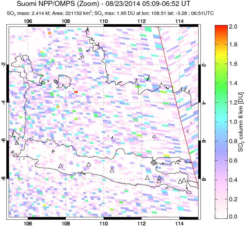 A sulfur dioxide image over Java, Indonesia on Aug 23, 2014.