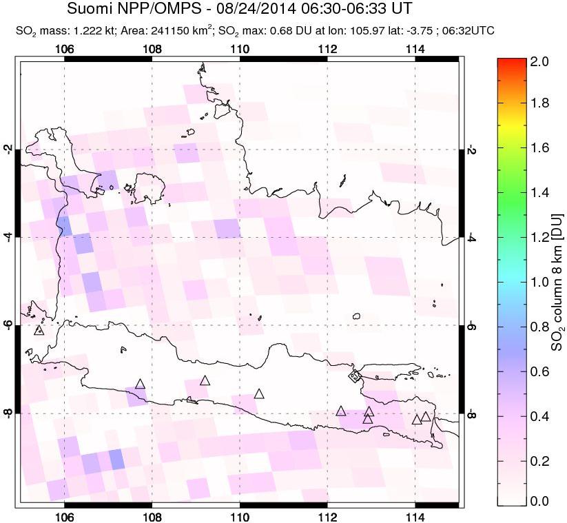 A sulfur dioxide image over Java, Indonesia on Aug 24, 2014.