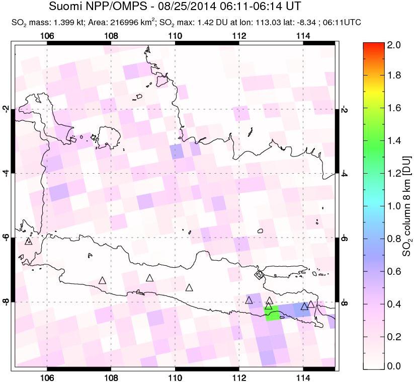A sulfur dioxide image over Java, Indonesia on Aug 25, 2014.