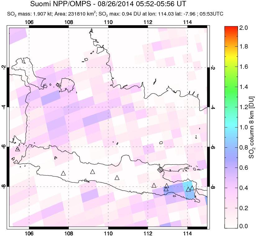 A sulfur dioxide image over Java, Indonesia on Aug 26, 2014.