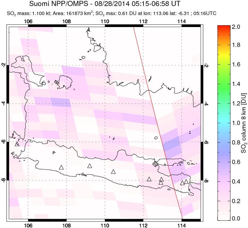 A sulfur dioxide image over Java, Indonesia on Aug 28, 2014.