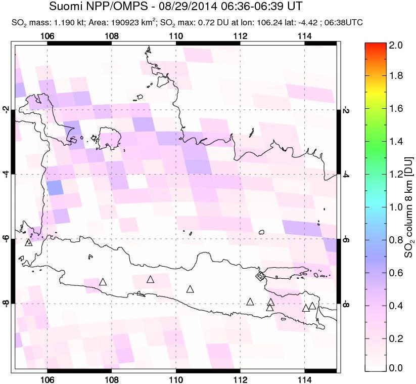 A sulfur dioxide image over Java, Indonesia on Aug 29, 2014.