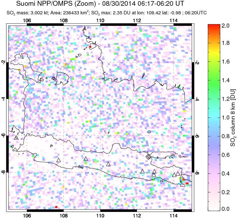 A sulfur dioxide image over Java, Indonesia on Aug 30, 2014.