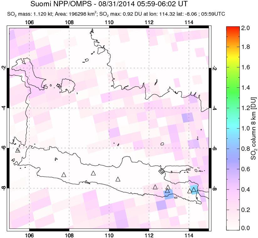 A sulfur dioxide image over Java, Indonesia on Aug 31, 2014.