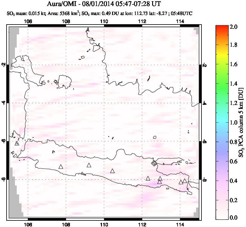 A sulfur dioxide image over Java, Indonesia on Aug 01, 2014.