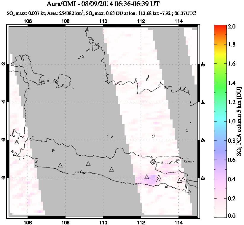 A sulfur dioxide image over Java, Indonesia on Aug 09, 2014.