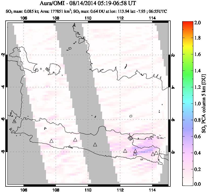 A sulfur dioxide image over Java, Indonesia on Aug 14, 2014.
