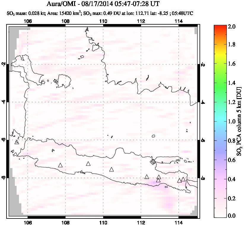A sulfur dioxide image over Java, Indonesia on Aug 17, 2014.