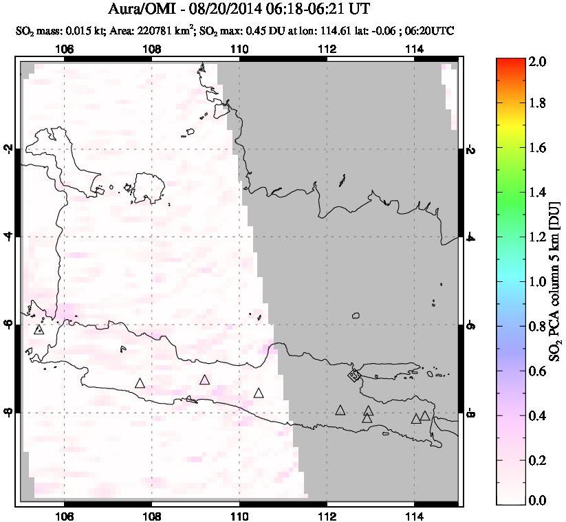 A sulfur dioxide image over Java, Indonesia on Aug 20, 2014.