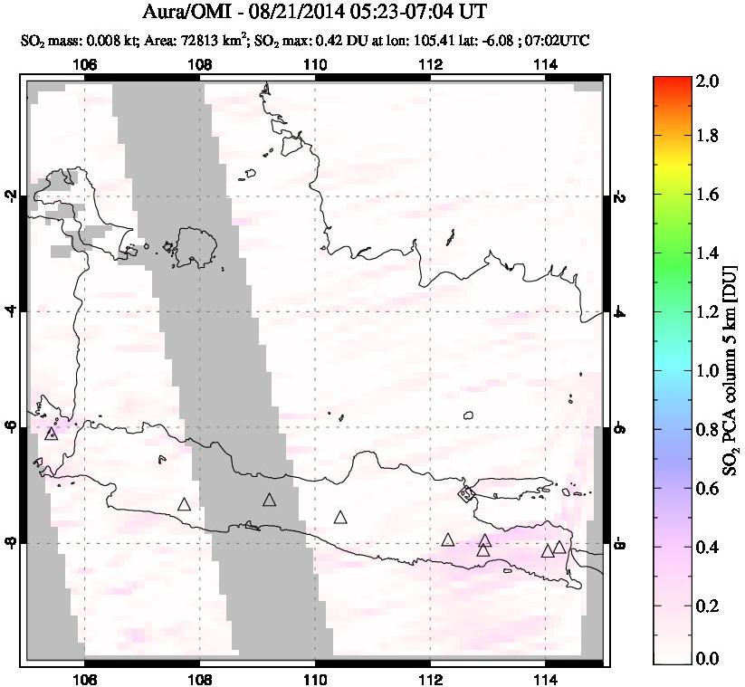 A sulfur dioxide image over Java, Indonesia on Aug 21, 2014.