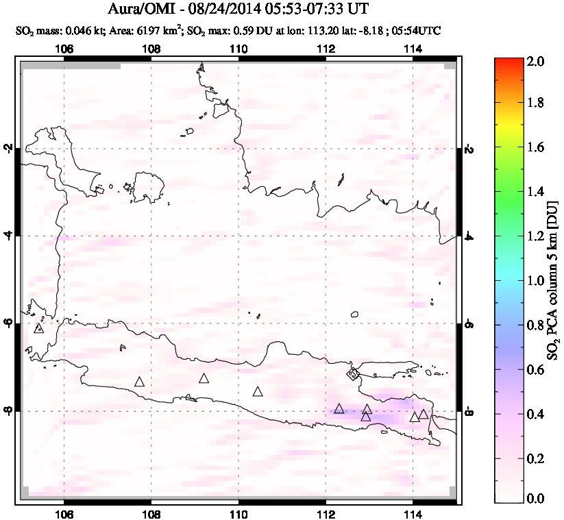 A sulfur dioxide image over Java, Indonesia on Aug 24, 2014.