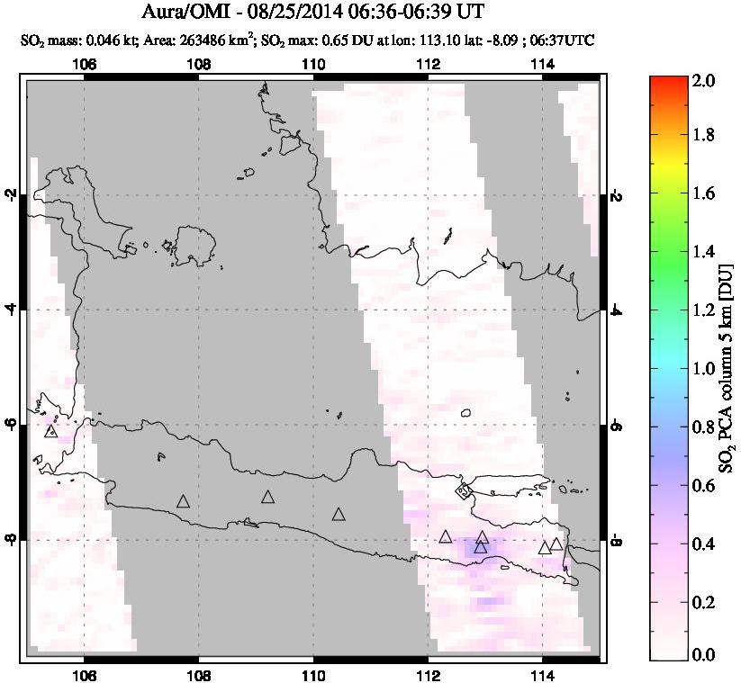 A sulfur dioxide image over Java, Indonesia on Aug 25, 2014.