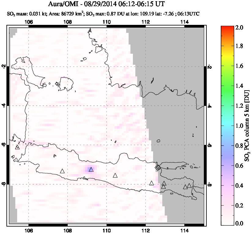 A sulfur dioxide image over Java, Indonesia on Aug 29, 2014.