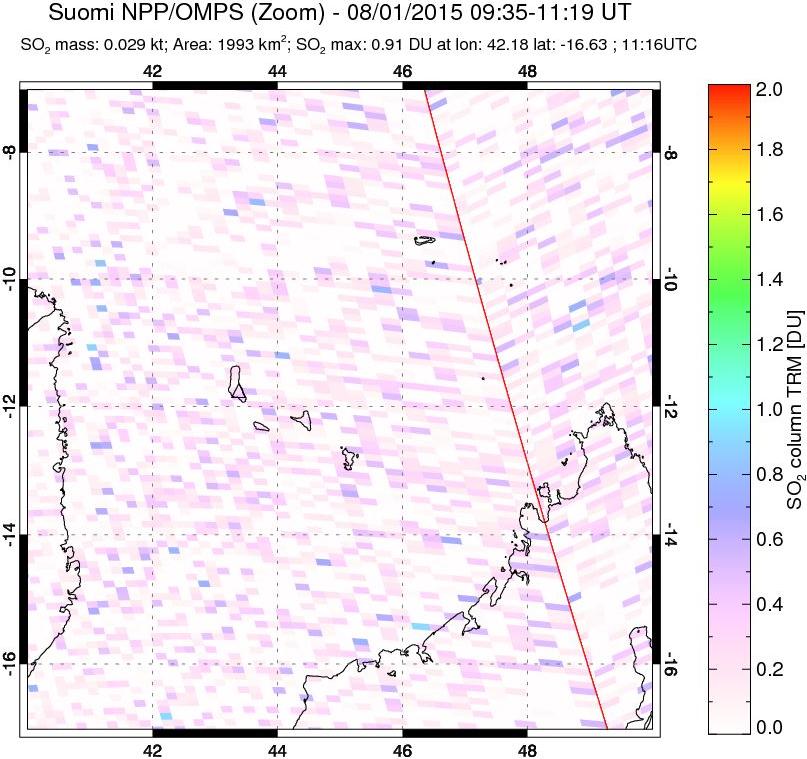 A sulfur dioxide image over Comoro Islands on Aug 01, 2015.