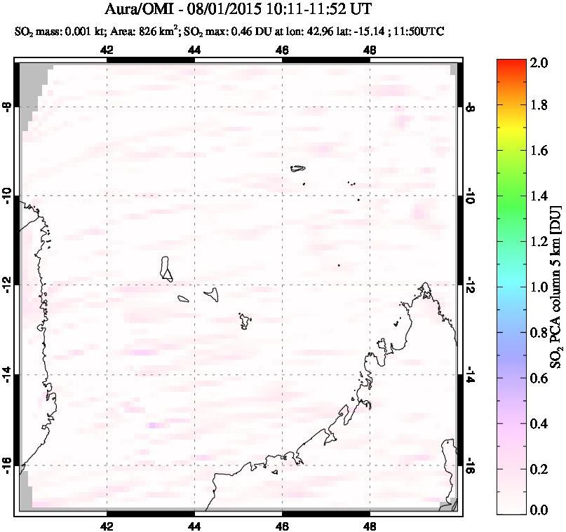 A sulfur dioxide image over Comoro Islands on Aug 01, 2015.