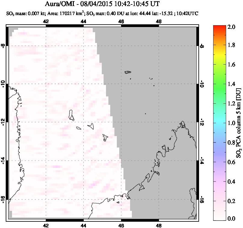 A sulfur dioxide image over Comoro Islands on Aug 04, 2015.
