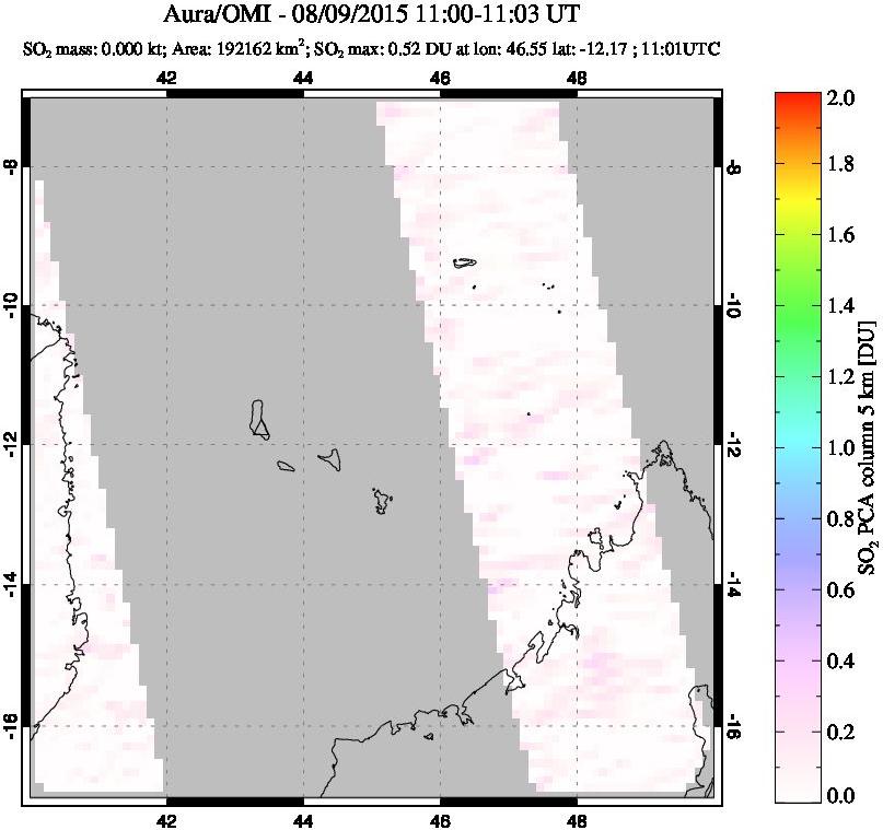 A sulfur dioxide image over Comoro Islands on Aug 09, 2015.