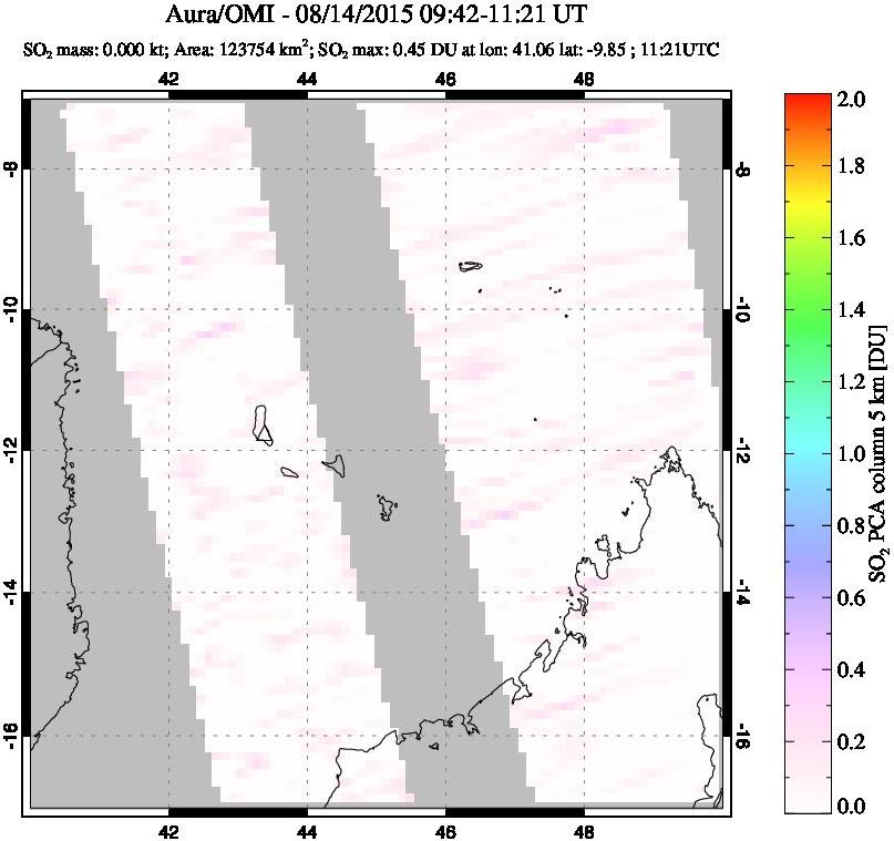A sulfur dioxide image over Comoro Islands on Aug 14, 2015.