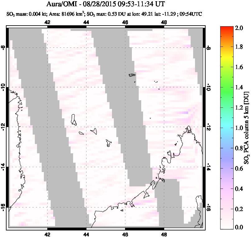 A sulfur dioxide image over Comoro Islands on Aug 28, 2015.
