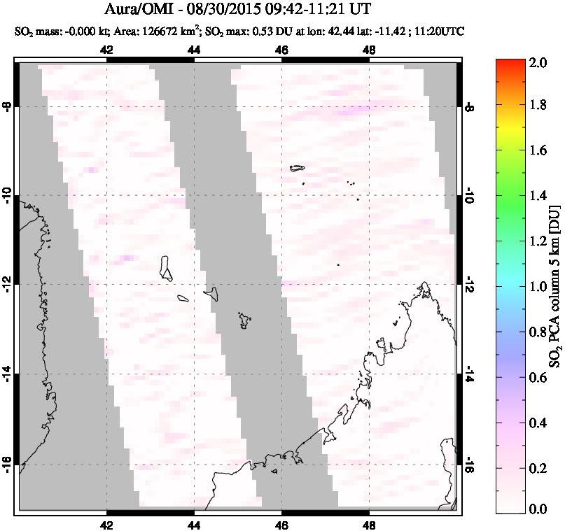A sulfur dioxide image over Comoro Islands on Aug 30, 2015.