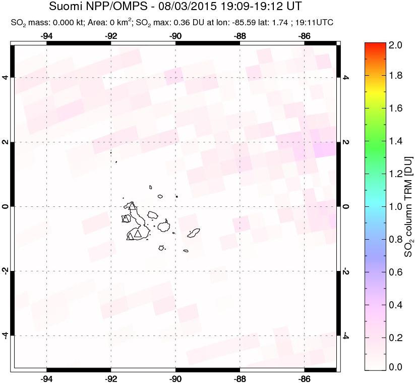 A sulfur dioxide image over Galápagos Islands on Aug 03, 2015.