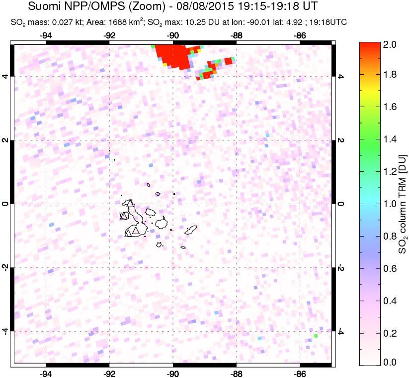 A sulfur dioxide image over Galápagos Islands on Aug 08, 2015.