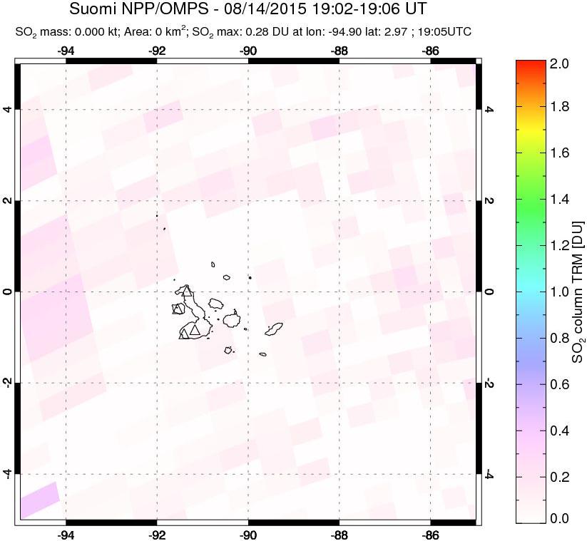 A sulfur dioxide image over Galápagos Islands on Aug 14, 2015.