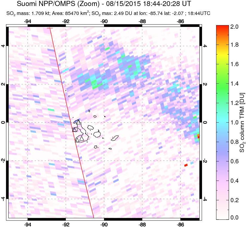 A sulfur dioxide image over Galápagos Islands on Aug 15, 2015.