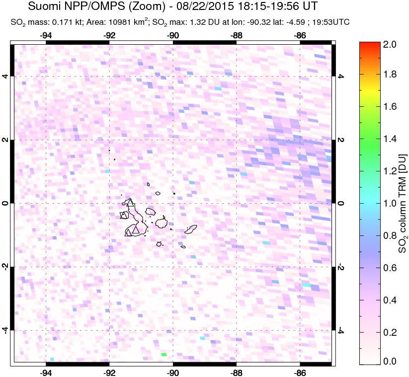 A sulfur dioxide image over Galápagos Islands on Aug 22, 2015.