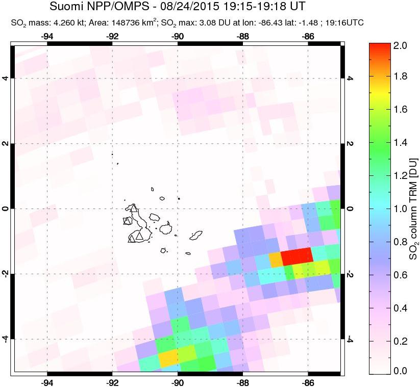 A sulfur dioxide image over Galápagos Islands on Aug 24, 2015.