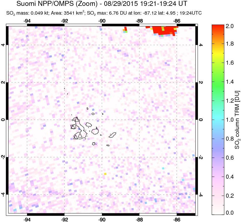 A sulfur dioxide image over Galápagos Islands on Aug 29, 2015.