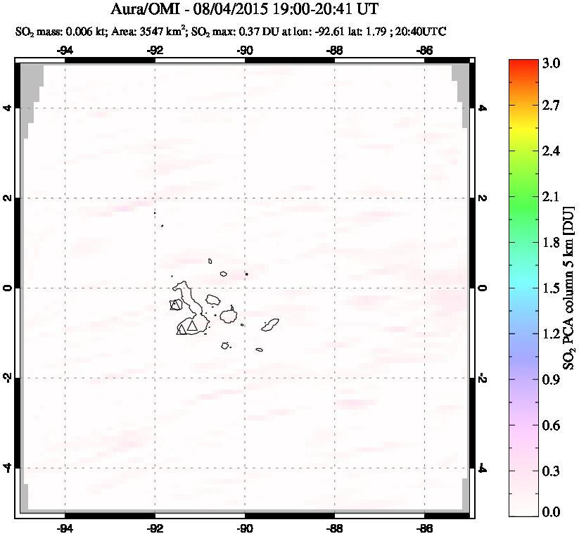 A sulfur dioxide image over Galápagos Islands on Aug 04, 2015.