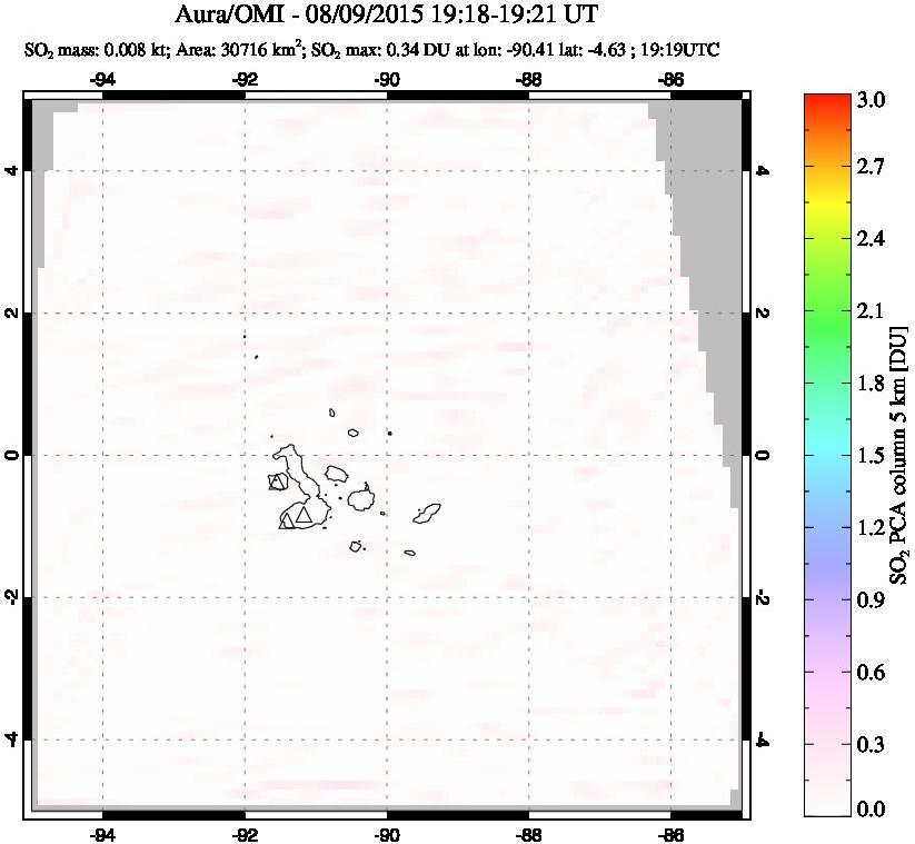 A sulfur dioxide image over Galápagos Islands on Aug 09, 2015.