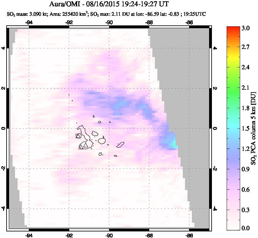 A sulfur dioxide image over Galápagos Islands on Aug 16, 2015.