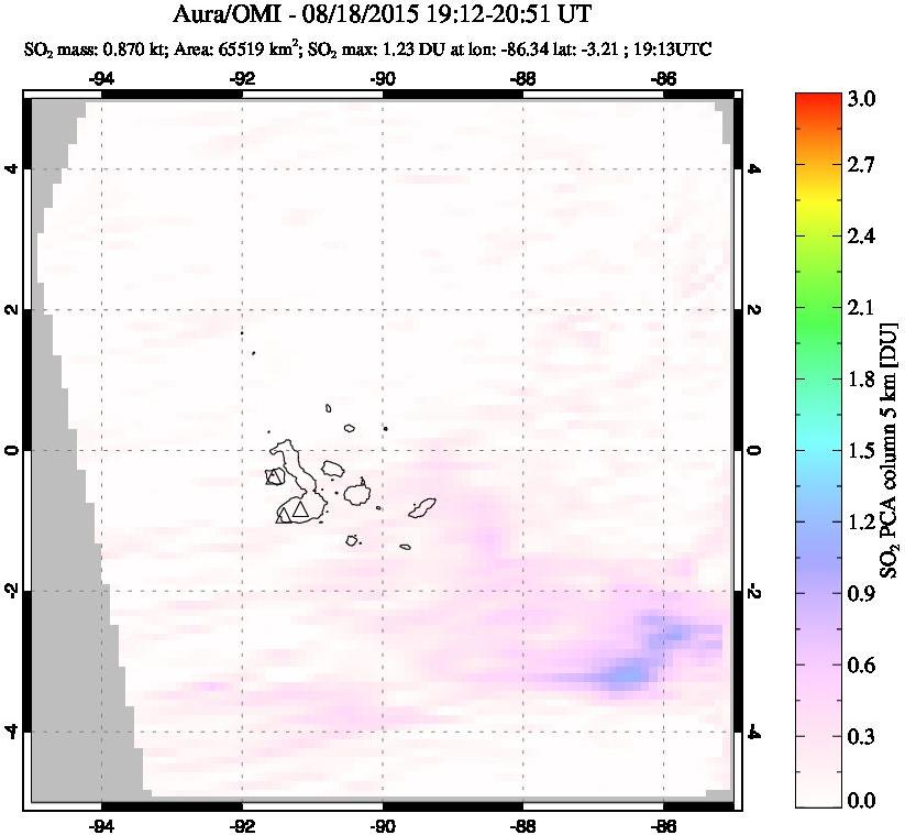 A sulfur dioxide image over Galápagos Islands on Aug 18, 2015.