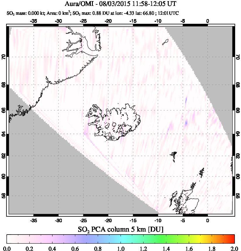 A sulfur dioxide image over Iceland on Aug 03, 2015.