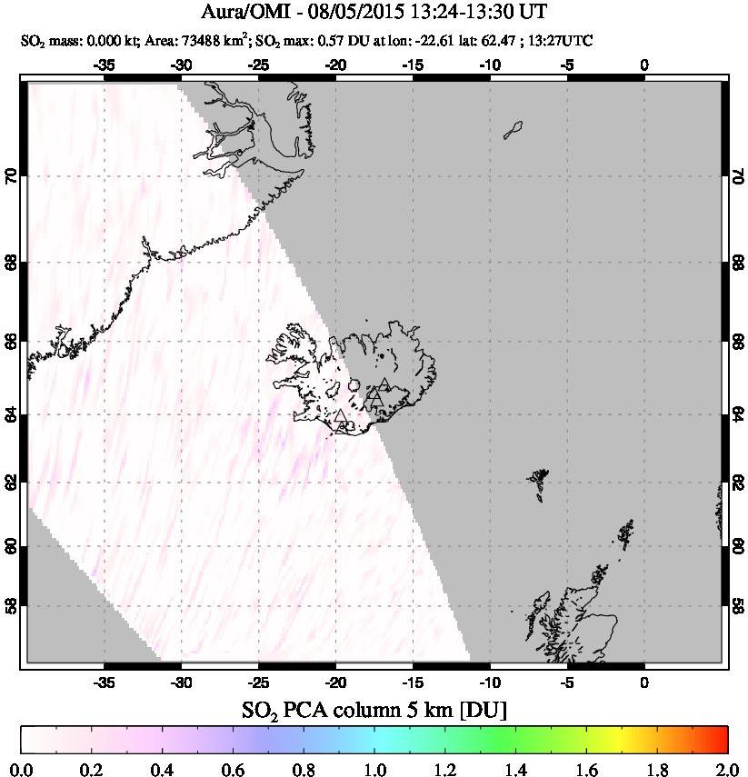 A sulfur dioxide image over Iceland on Aug 05, 2015.