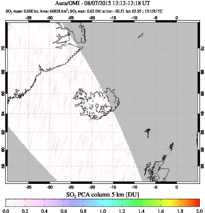 A sulfur dioxide image over Iceland on Aug 07, 2015.