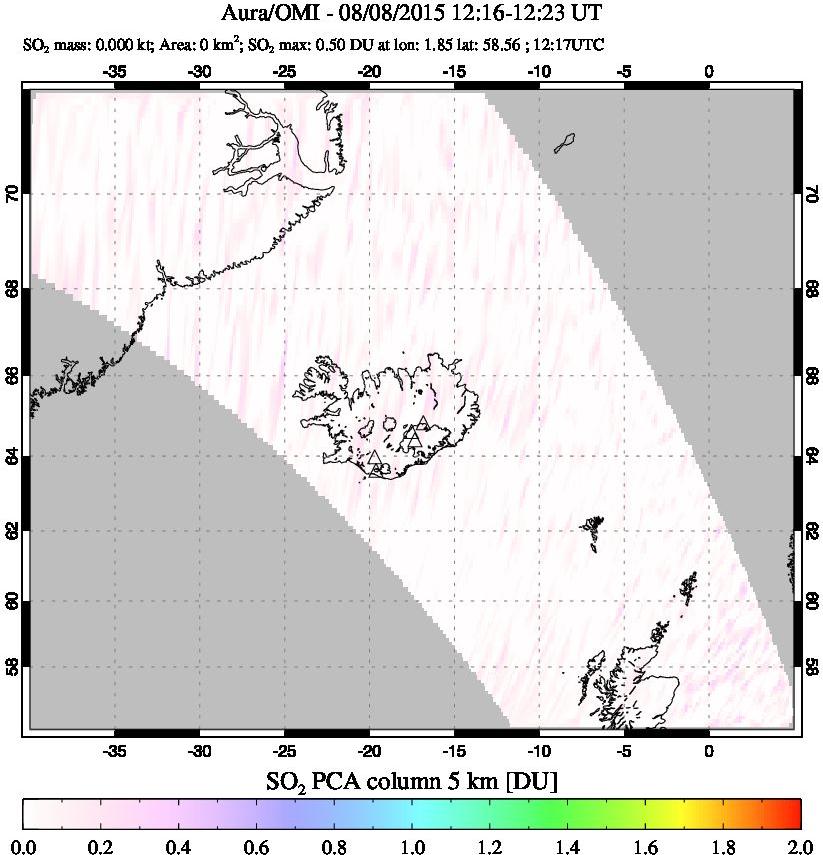 A sulfur dioxide image over Iceland on Aug 08, 2015.