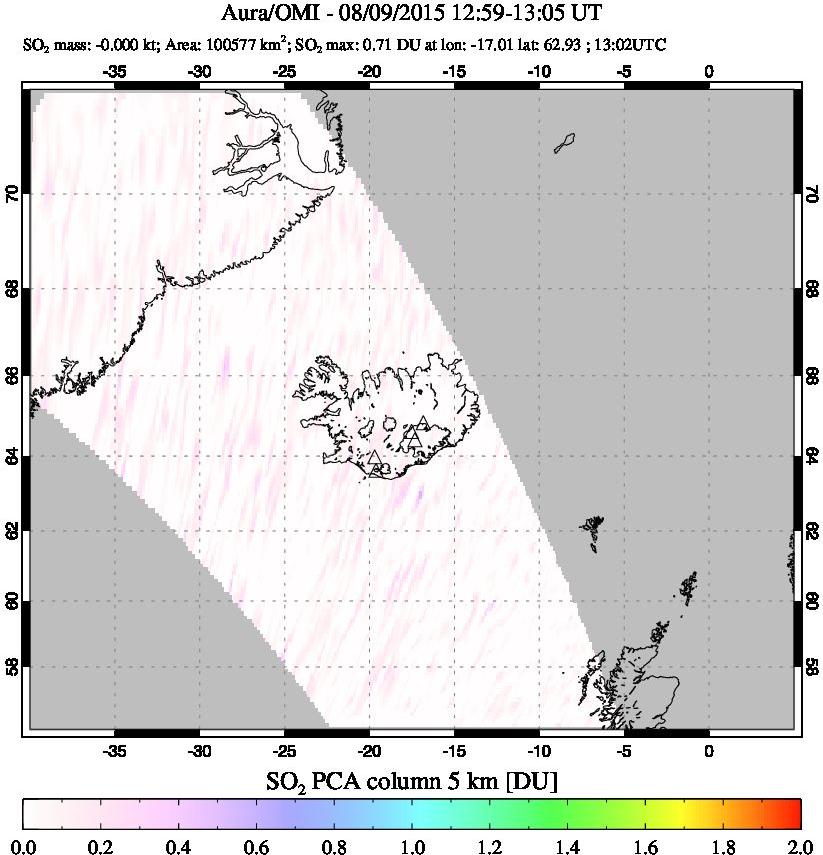 A sulfur dioxide image over Iceland on Aug 09, 2015.