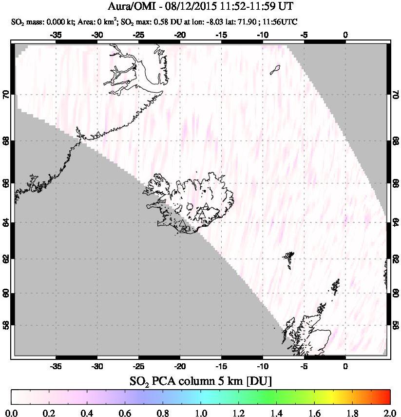 A sulfur dioxide image over Iceland on Aug 12, 2015.