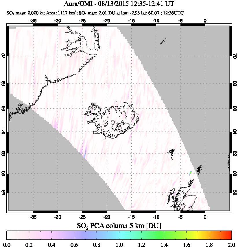 A sulfur dioxide image over Iceland on Aug 13, 2015.