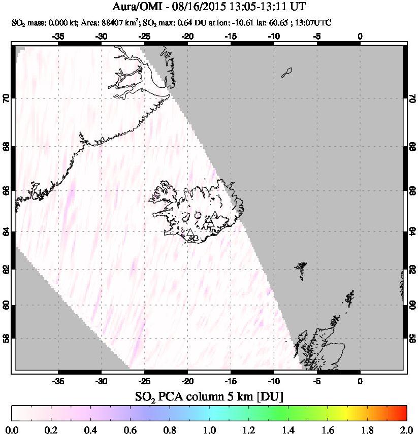 A sulfur dioxide image over Iceland on Aug 16, 2015.