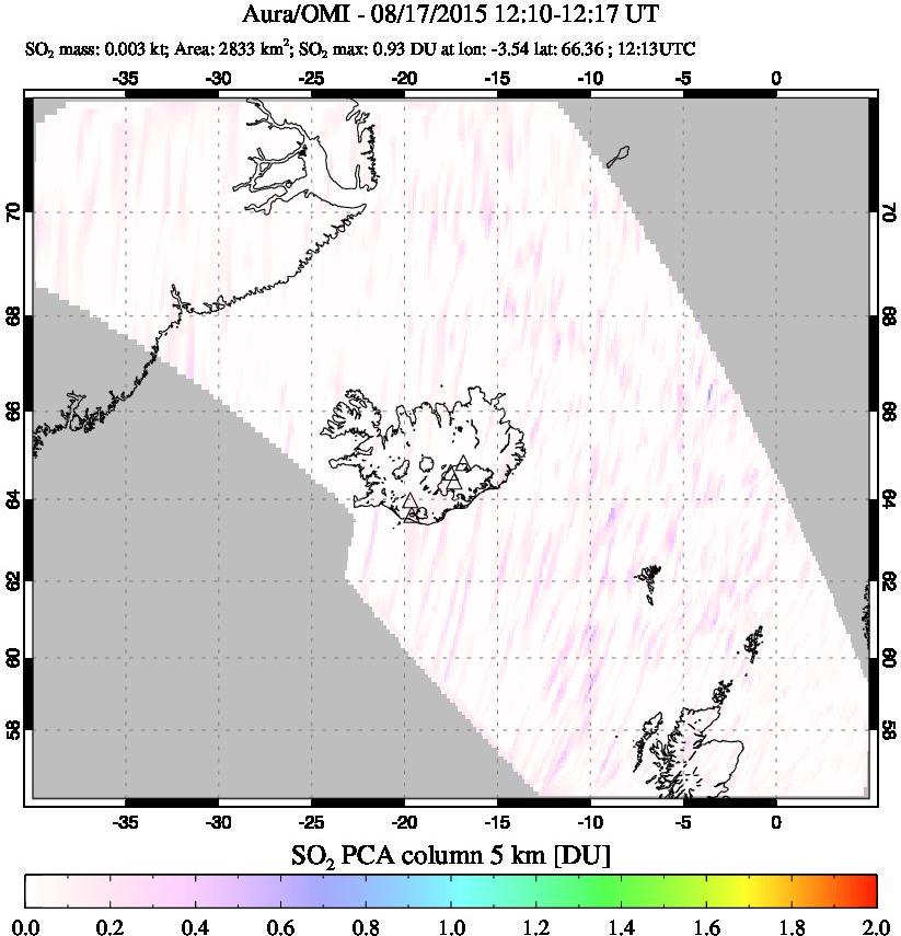 A sulfur dioxide image over Iceland on Aug 17, 2015.